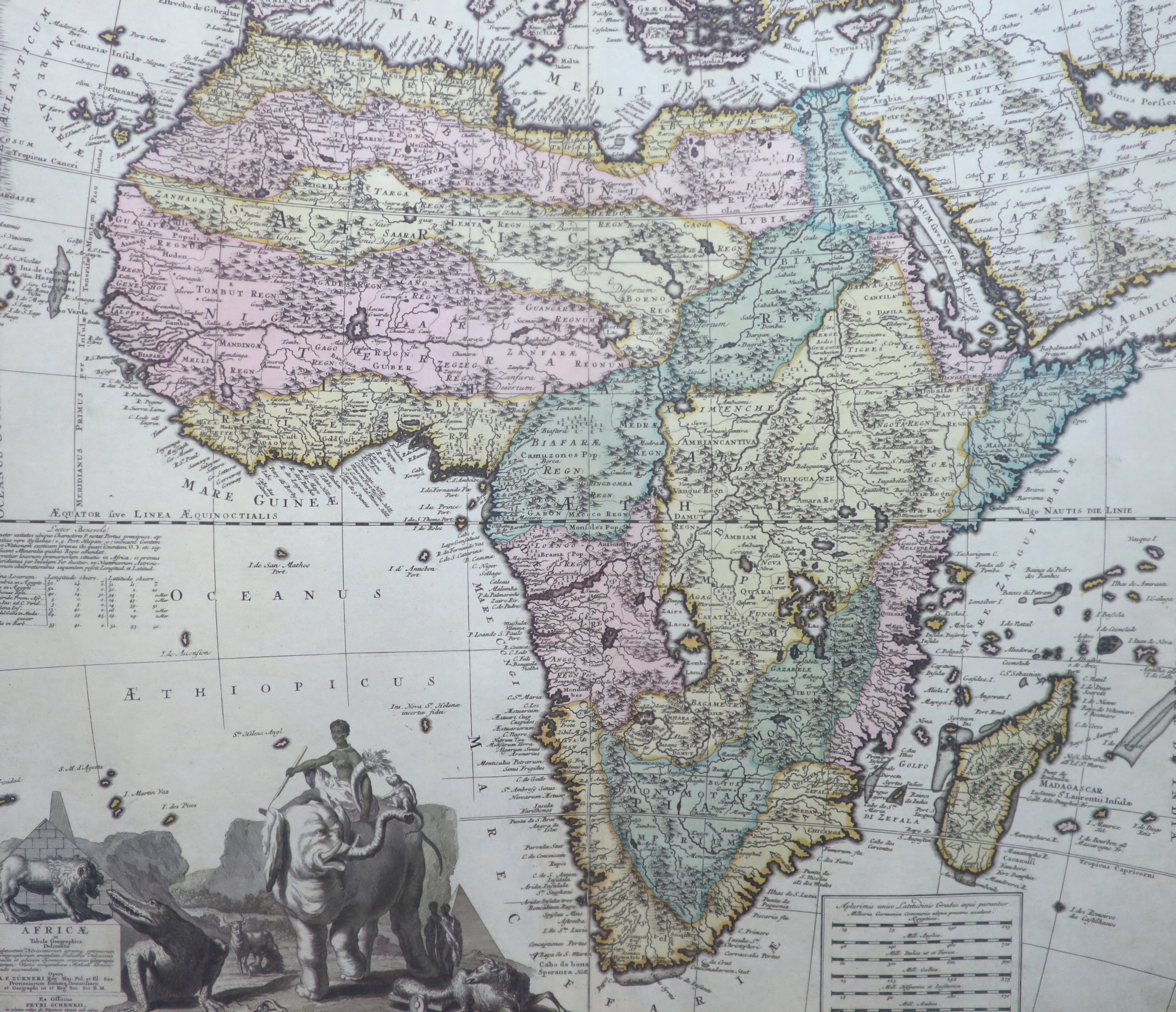 A.F. Zürner, coloured engraving, Map of Africae in Tabula Geographica Delineatio, published by Petrus Schenk, 40 x 47cm